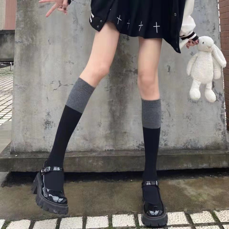 Women's Black Grey Color Block Knee Socks | Trendy Everyday Wear