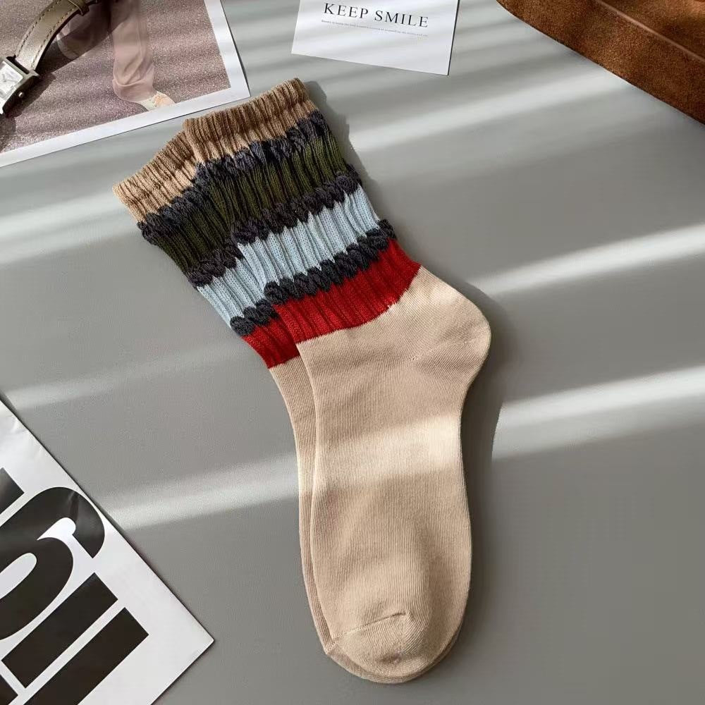 Vintage Striped Cozy Slouch Crew Socks | Loose No-Bind For Women