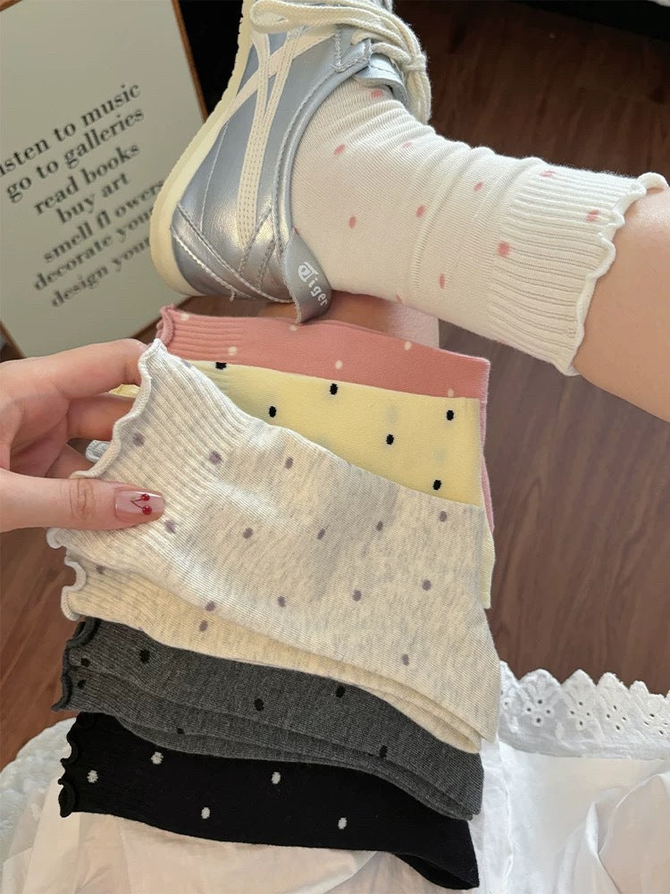 Ruffled Polka Dot Cotton Crew Socks for Women