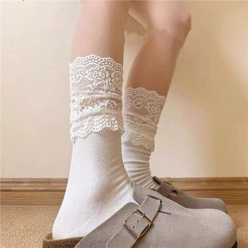 Lace Top Slouch Crew Socks for Women | Breathable Mid Calf Socks
