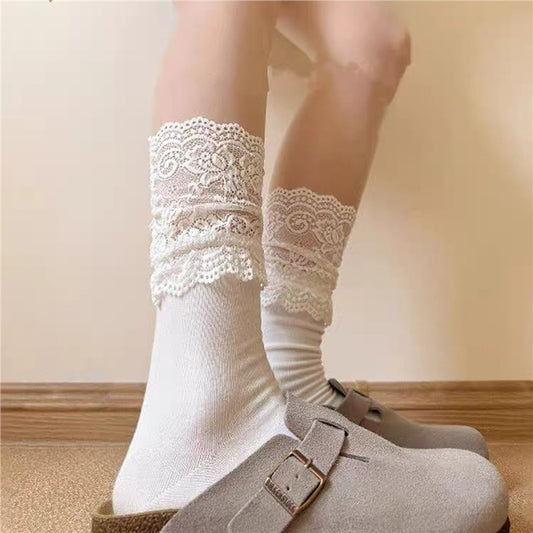 Lace Top Crew Socks for Women | Breathable Thin Mid Calf Socks