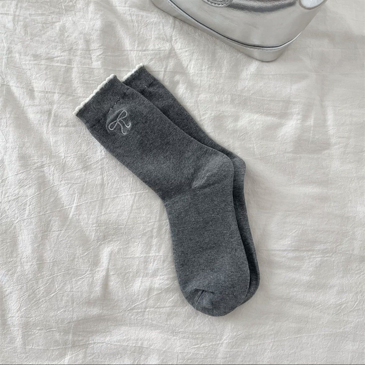 Embroidered Bow Cotton Crew Socks | Ruffle Trim Ballet Style for Women
