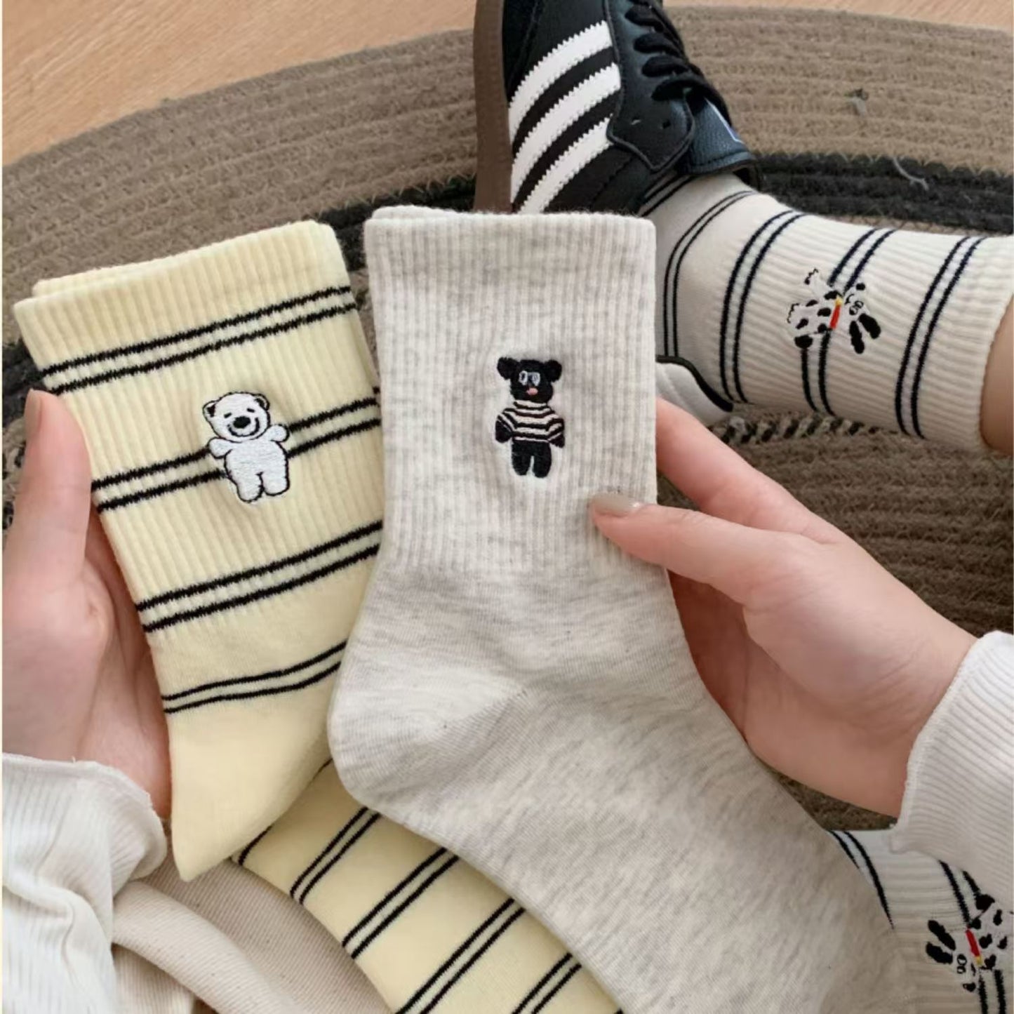 Cute Embroidered Striped Crew Socks for Women