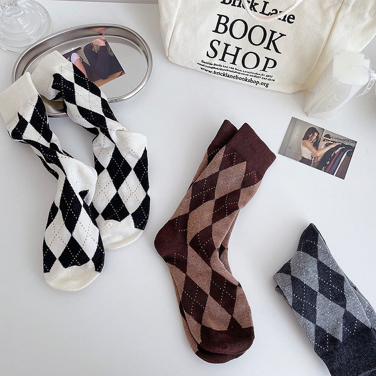 Argyle Patterned Crew Socks for Women | Trendy Slouch Mid-Calf Socks