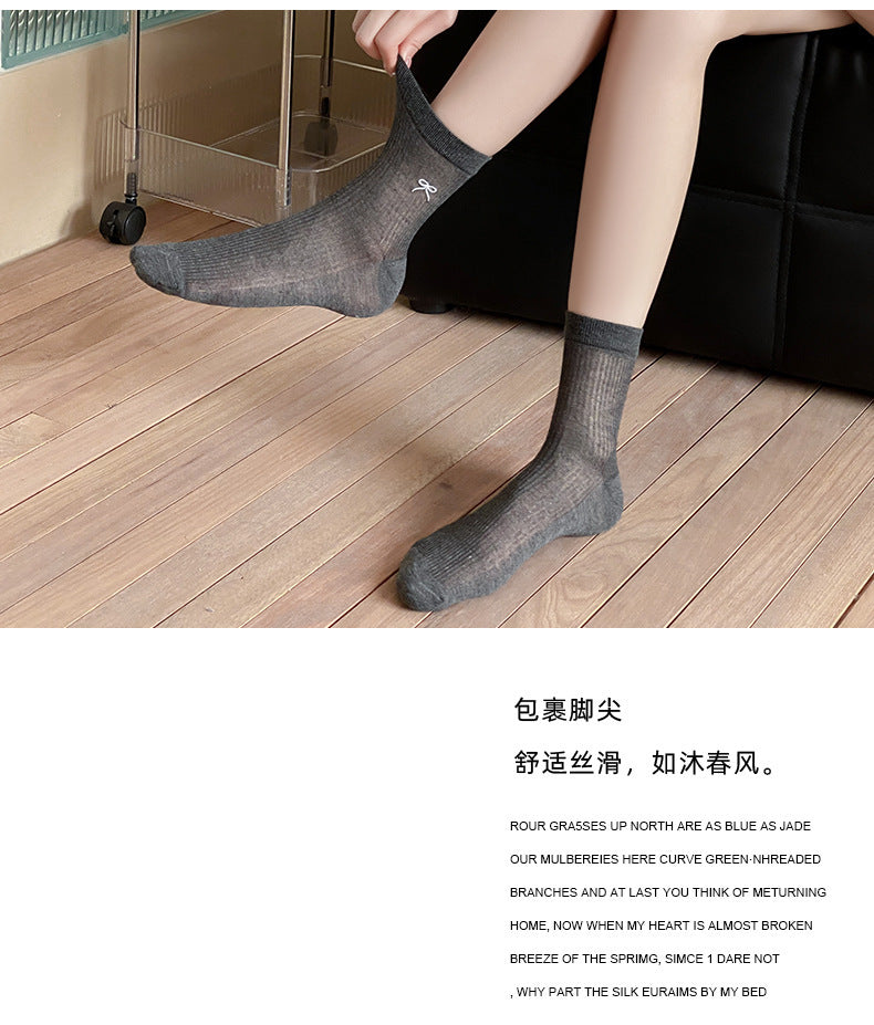 Bow Embroidered Women Ankle Socks | Breathable Cotton Mesh Summer Socks