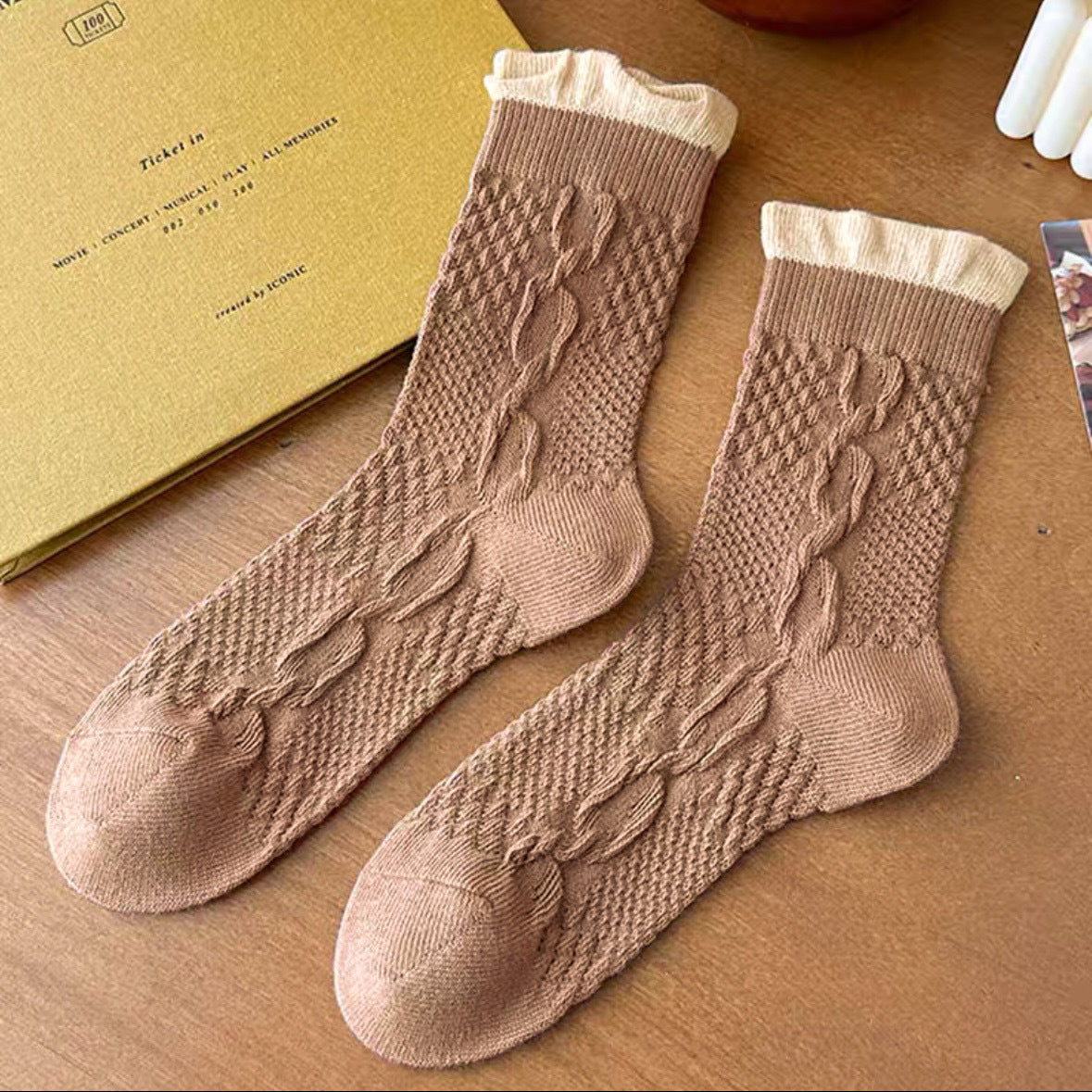 Cable Knit Crew Socks for Women | Breathable Ruffle Trim Cozy Socks