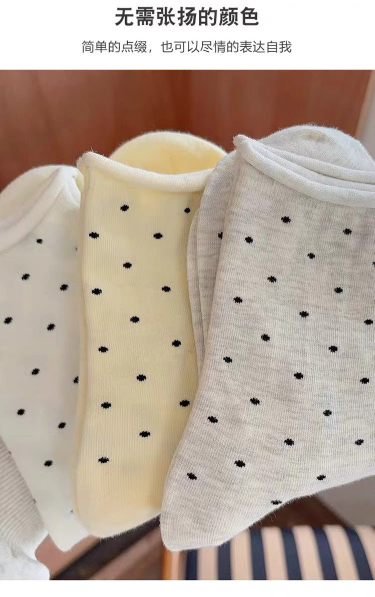 Polka Dot Cotton Crew Socks | Women's Rolled Edge Mid Calf Socks