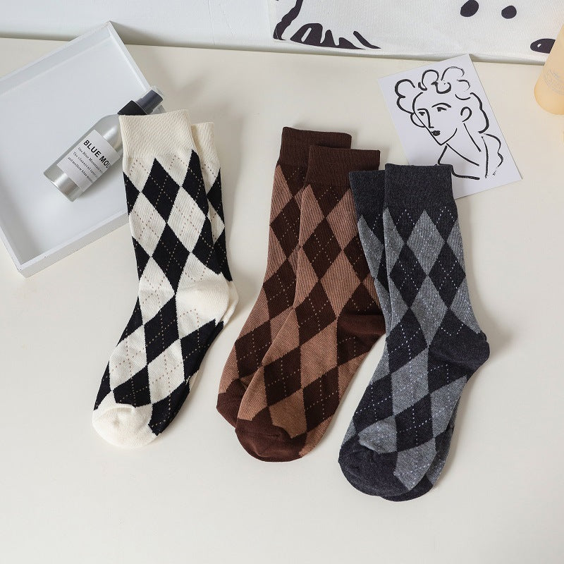 Vintage Argyle Crew Socks for Women | Retro Patterned Mid-Calf Socks