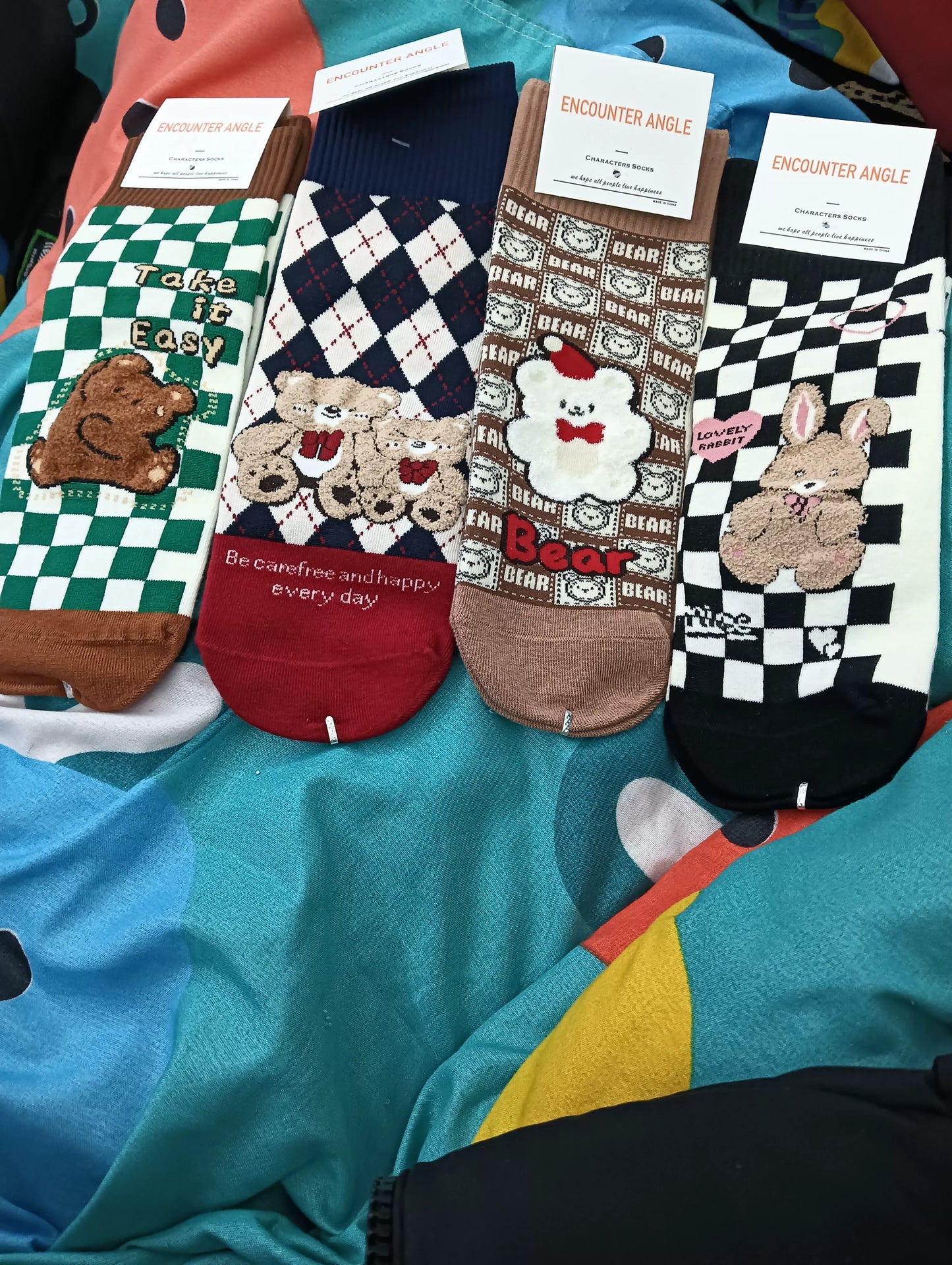 Cute Cotton Novelty Crew Socks | Checkered Bear Women's Socks