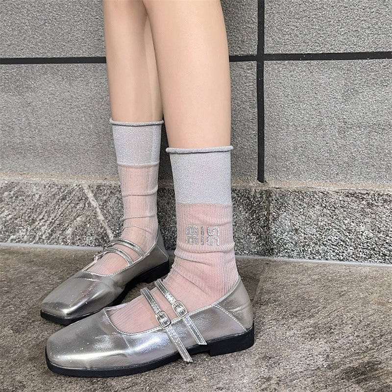 Sheer Glitter Crew Socks for Women | Summer Breathable Socks