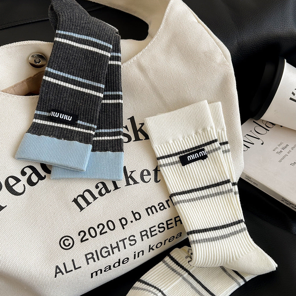 Women's Striped Cotton Crew Socks | Trendy Mid-Calf Socks