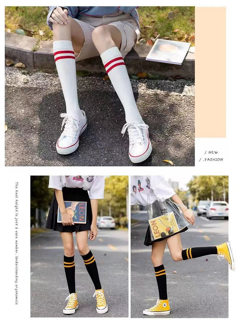 Two-Stripe Athletic Calf Socks | Breathable Cotton Retro Sports Socks