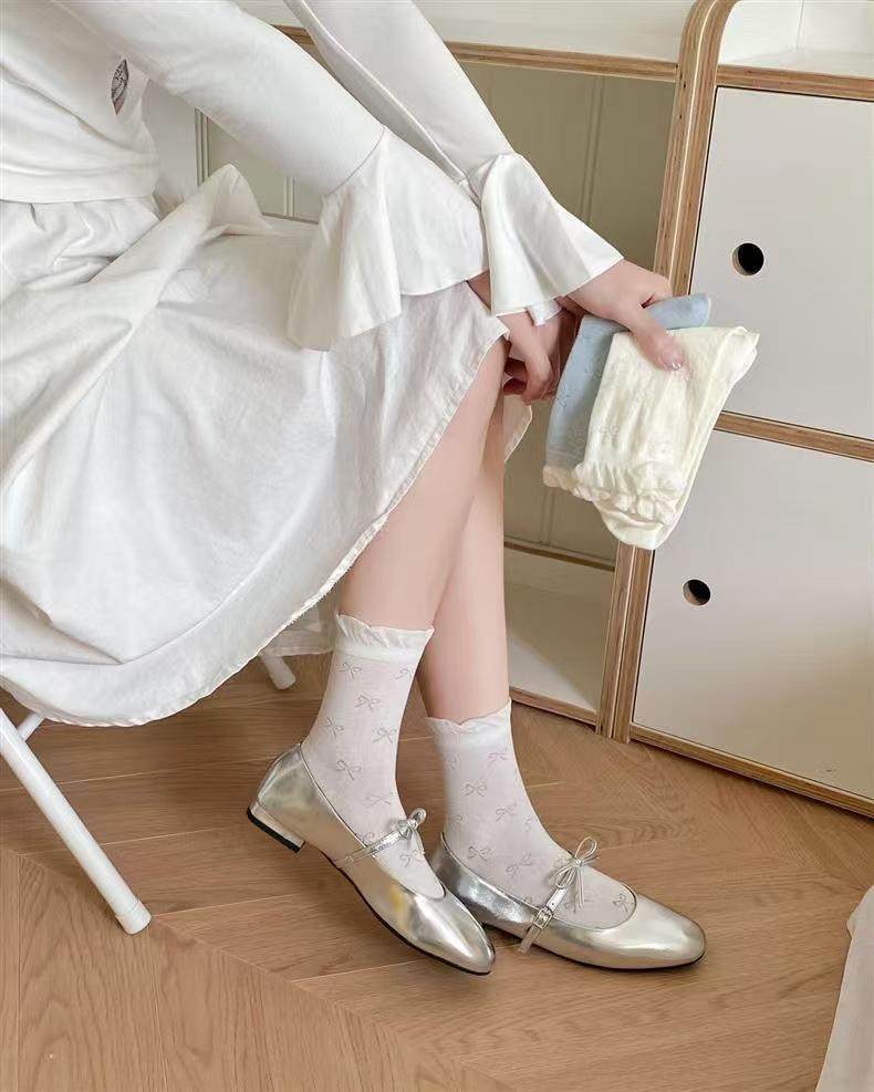 Ruffled Bow Cotton Crew Socks | Balletcore Socks for Women