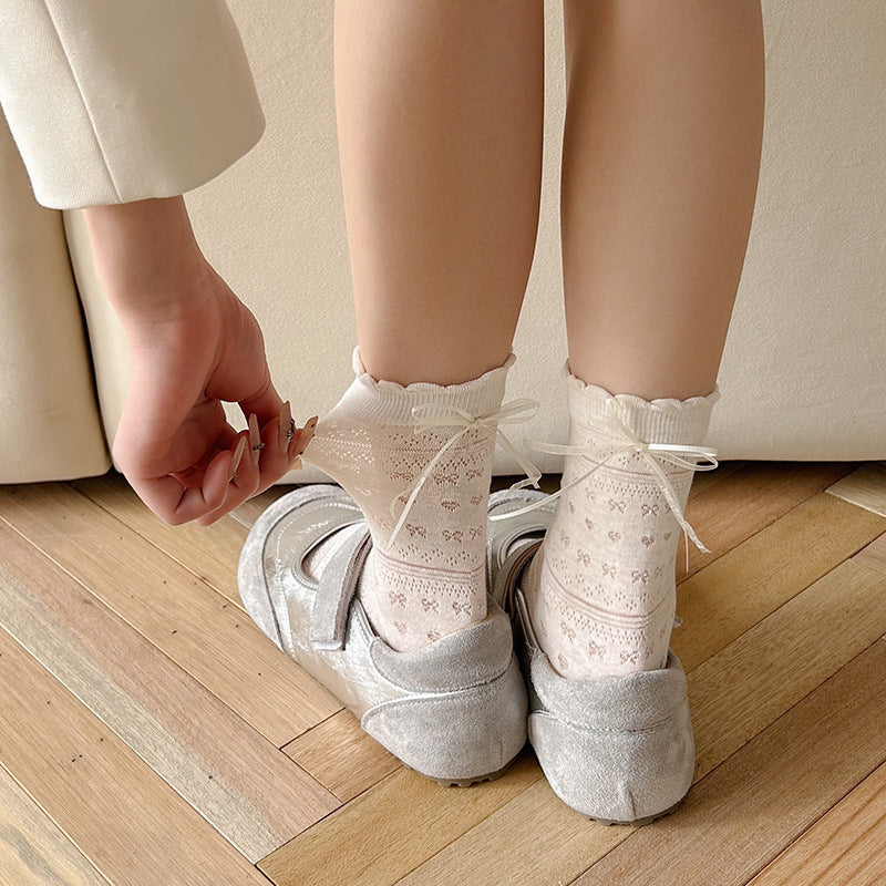 Sheer Cotton Crew Socks for Women | Bow Back Lace Trim