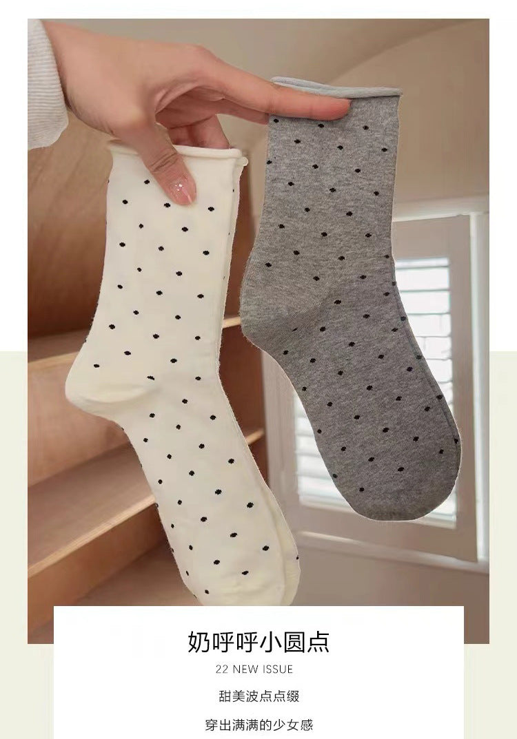 Polka Dot Cotton Crew Socks | Women's Rolled Edge Mid Calf Socks