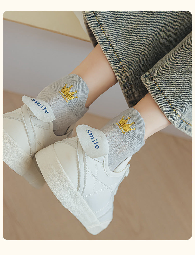 Embroidered Crown No-Show Socks | Breathable Summer Mesh Socks for Women