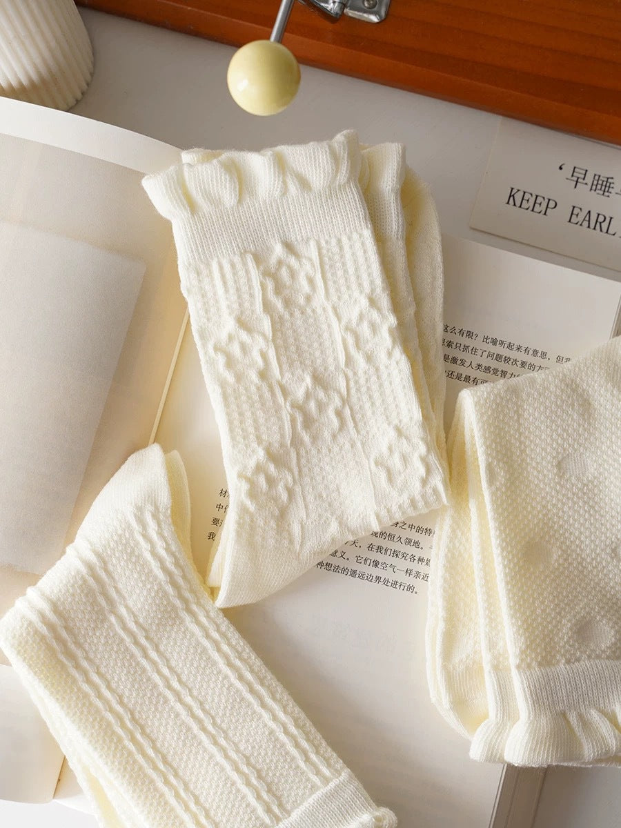 Cream Cotton Crew Socks for Women | Breathable Patterned Socks