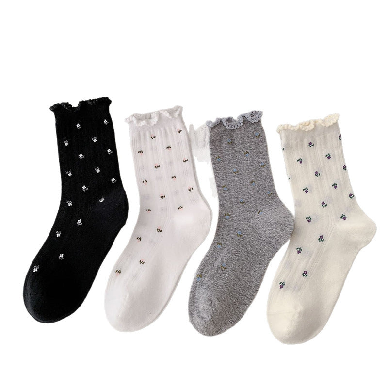 Floral Ruffle Crew Socks for Women | Thin Breathable Spring Socks