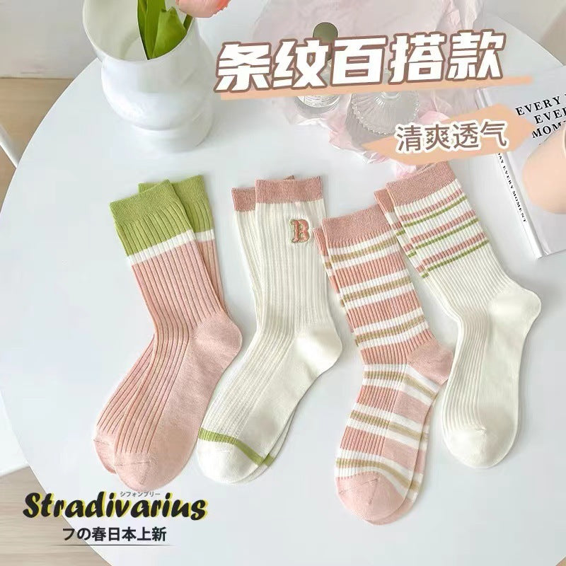 Cotton Crew Socks for Women | Preppy Pastel Embroidered Mid Calf