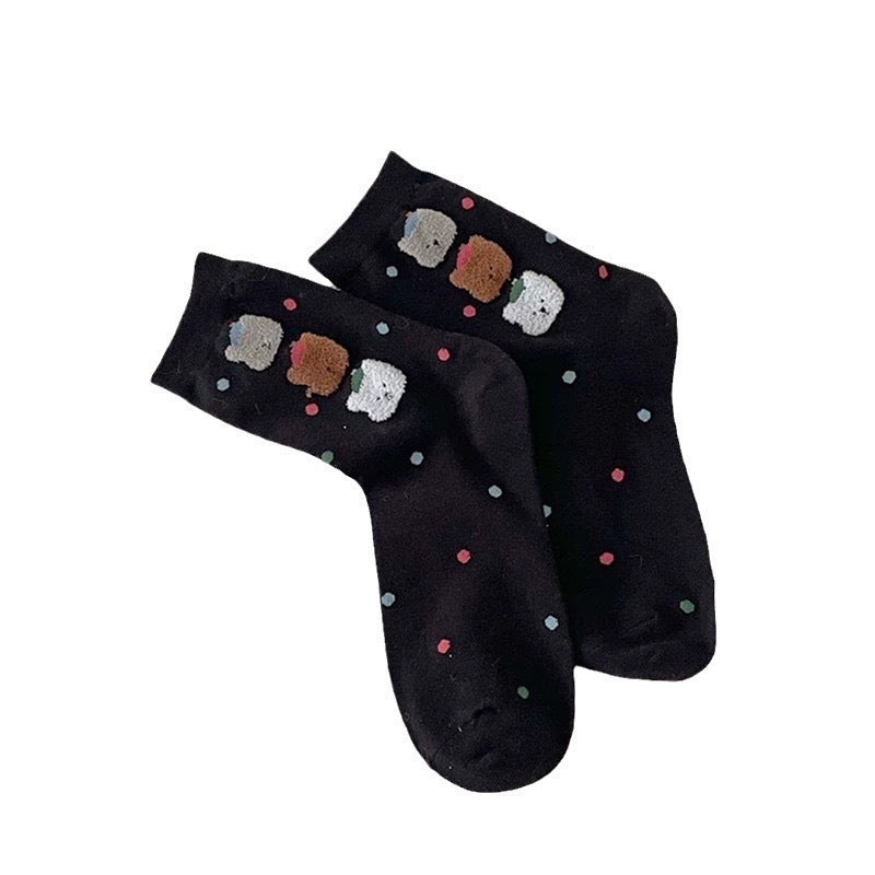 Cute Cotton Polka Dot Bear Crew Socks for Women