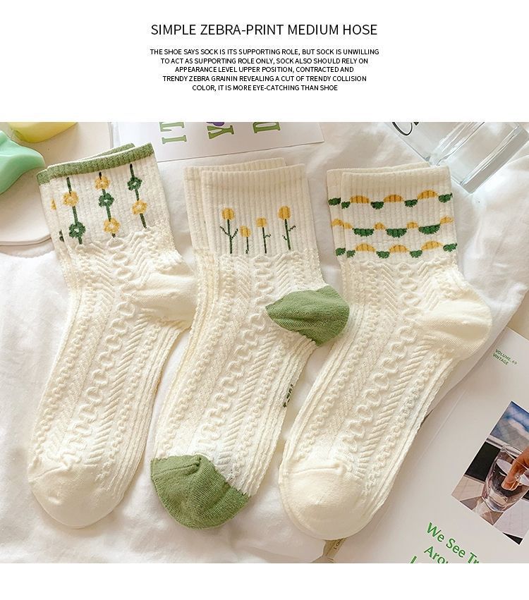 Cotton Floral Crew Socks for Women | Green Patterned Casual Socks