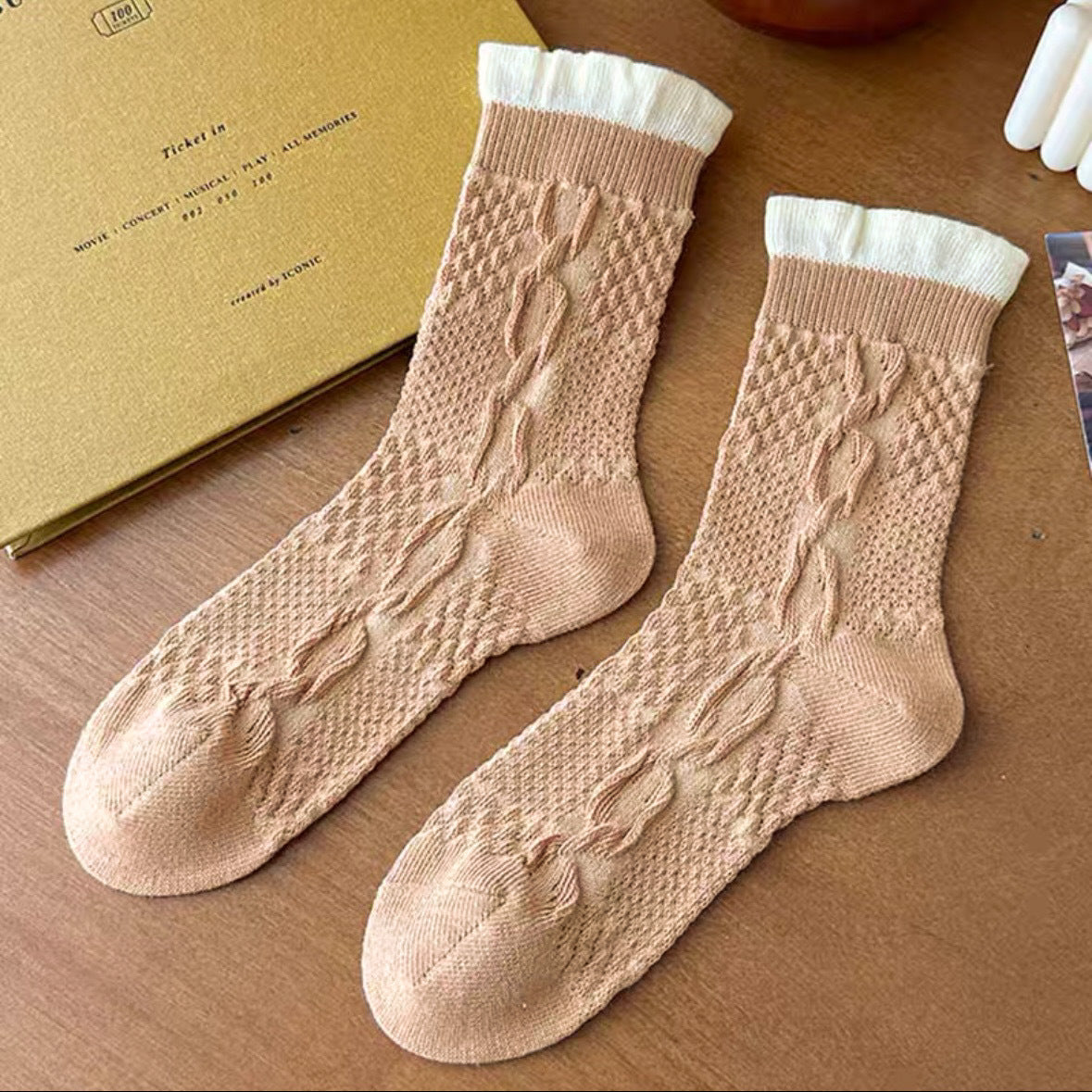 Cable Knit Crew Socks for Women | Breathable Ruffle Trim Cozy Socks