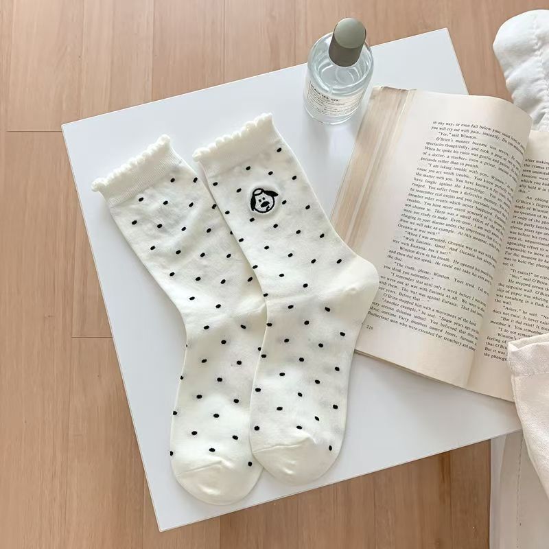 Cute Embroidered Dog Polka Dot Crew Socks for Women