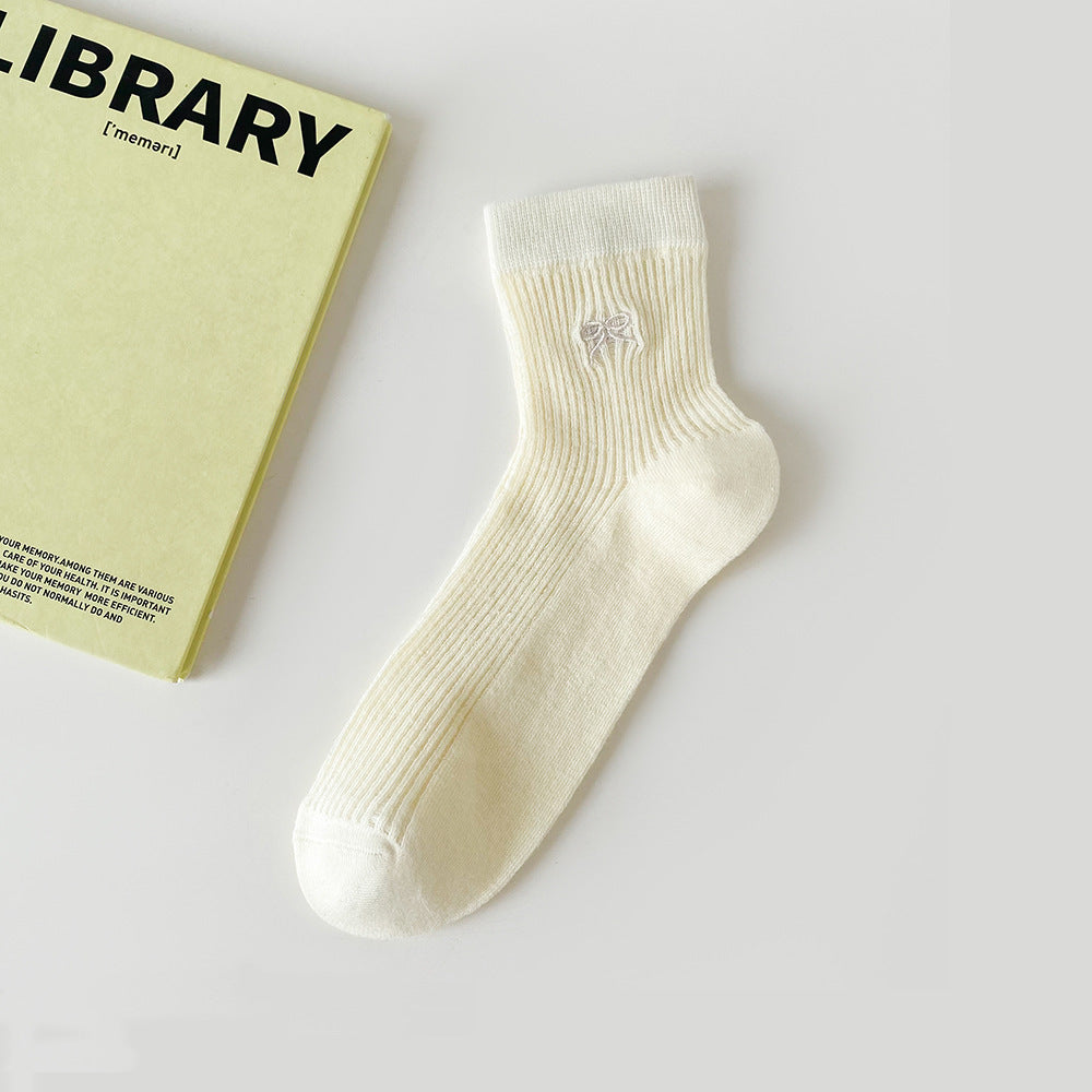 Bow Embroidered Women Ankle Socks | Breathable Cotton Mesh Summer Socks