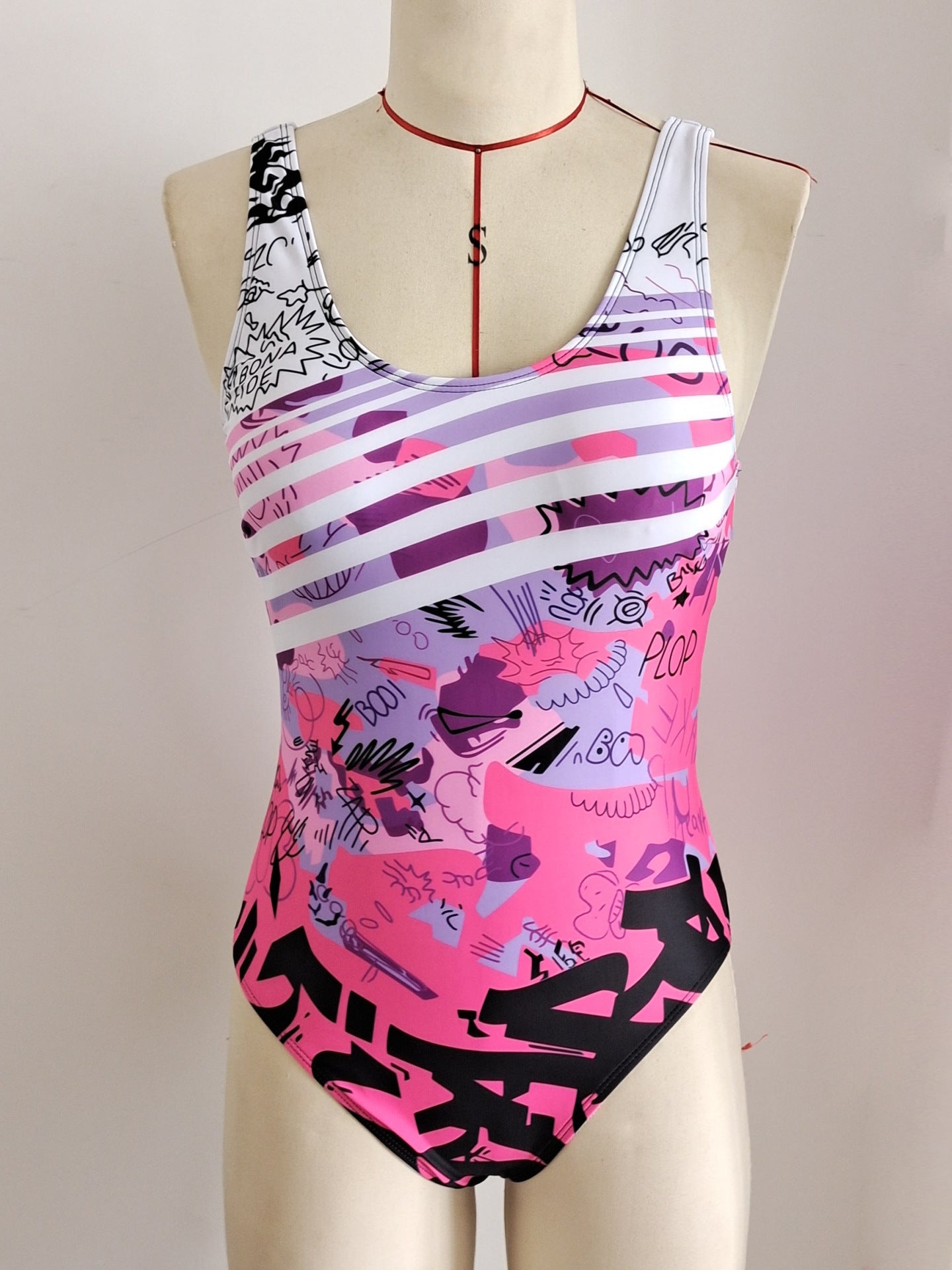 Graffiti Print Sporty One-Piece Swimsuit | Modest Women's Beach Swimwear