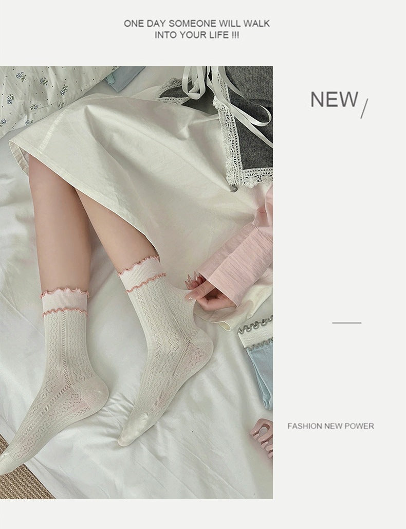 Women's Ruffled Cotton Crew Socks | Seamless Breathable Summer Socks