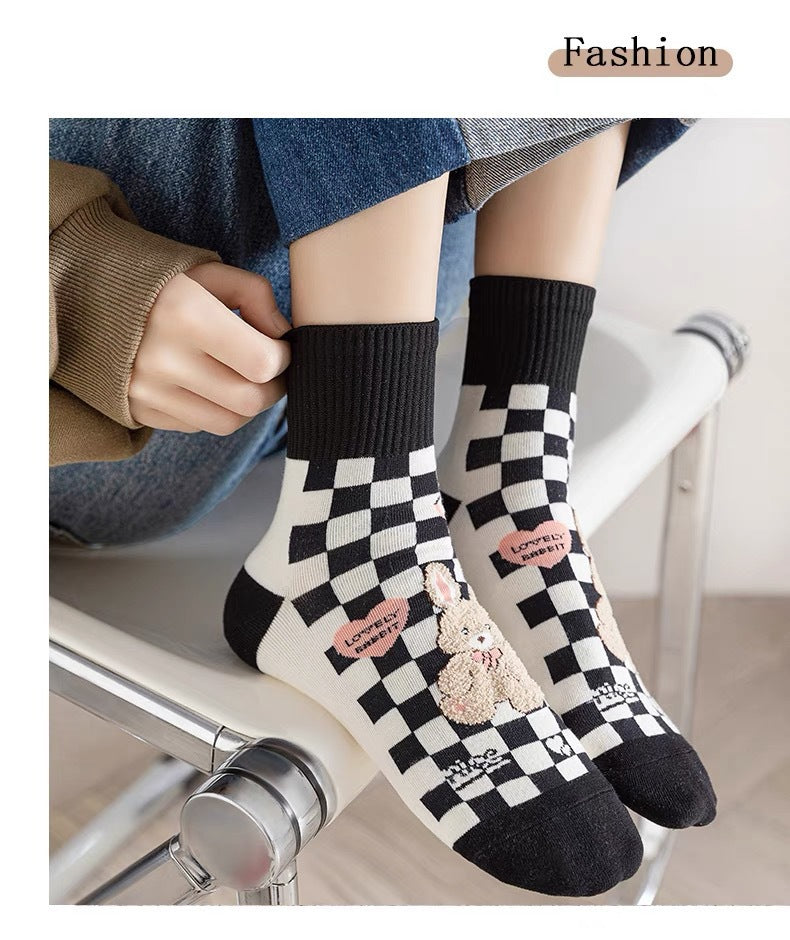 Cute Cotton Novelty Crew Socks | Checkered Bear Women's Socks