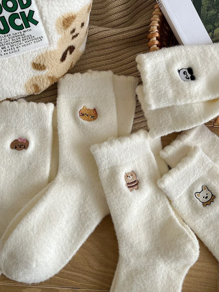 Fuzzy Warm Cozy Crew Socks | Cute Embroidered Winter Lounge Socks