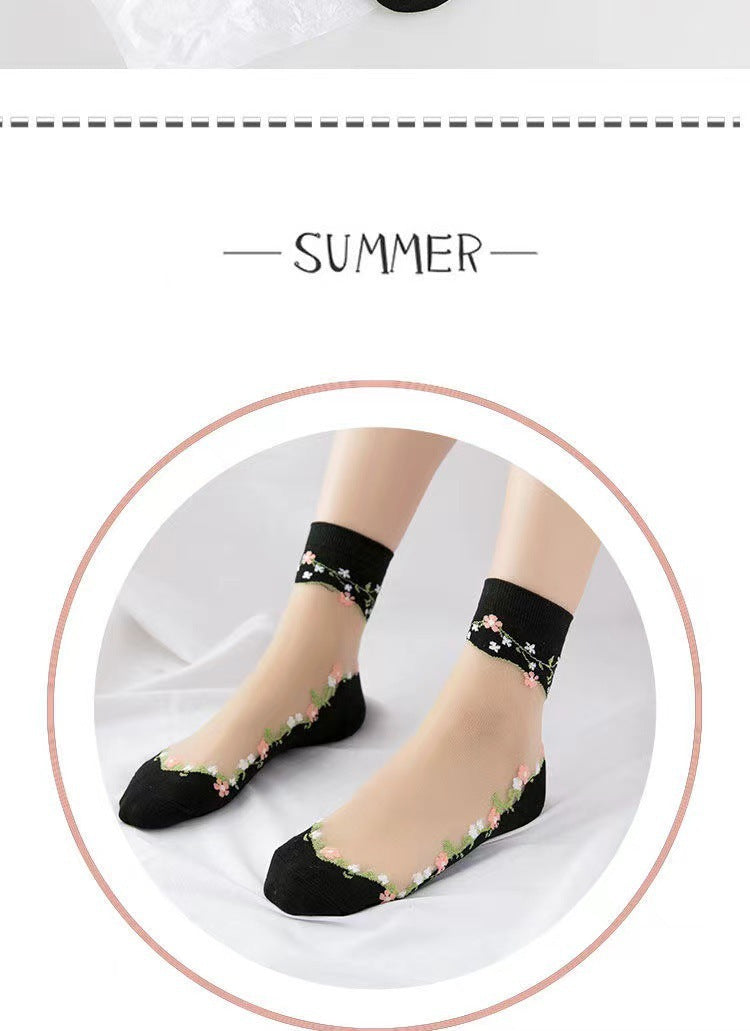 Floral Sheer Crew Socks for Women | Breathable Cotton Sole Summer Socks