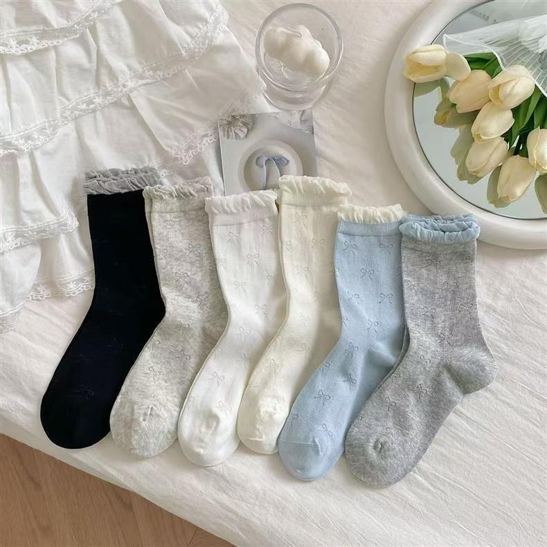 Ruffled Bow Cotton Crew Socks | Balletcore Socks for Women
