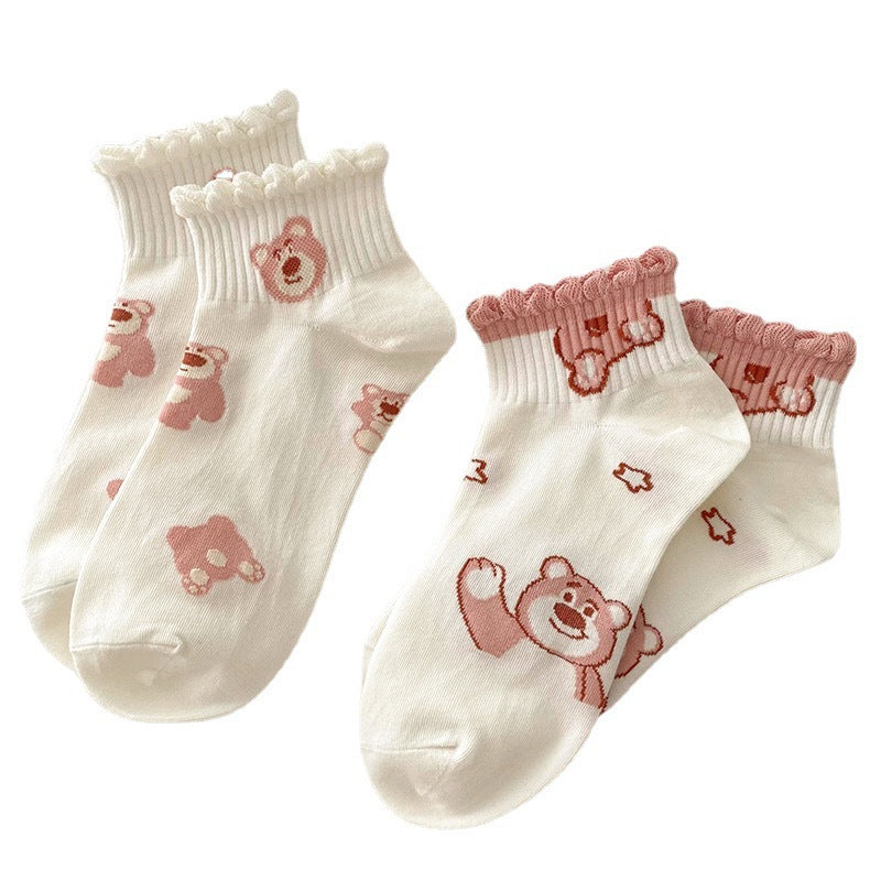 Cute Ruffled Ankle Socks for Women | Pink Strawberry Bear Cotton Socks
