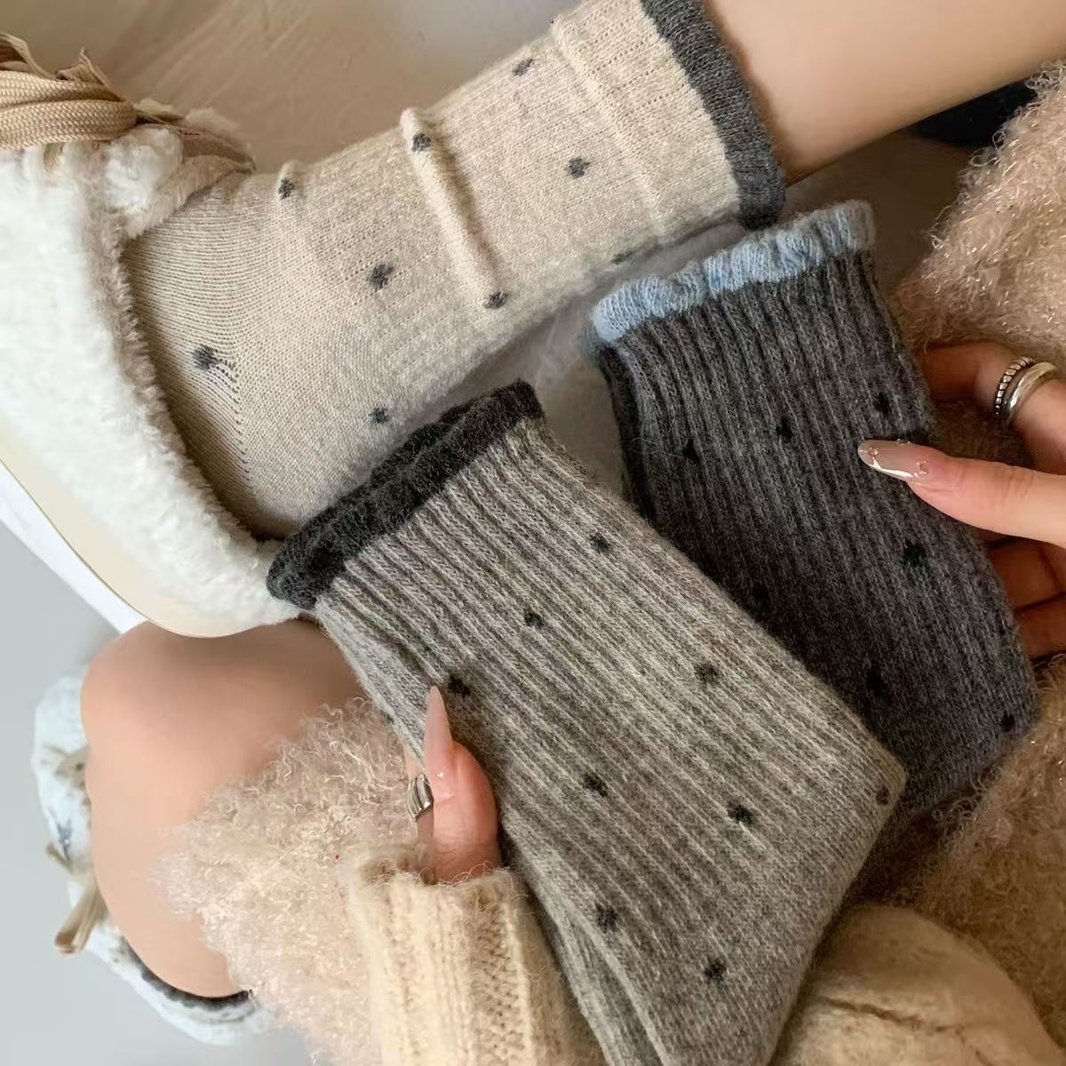 Warm Cozy Polka Dot Crew Socks for Women | Ruffled Winter Socks