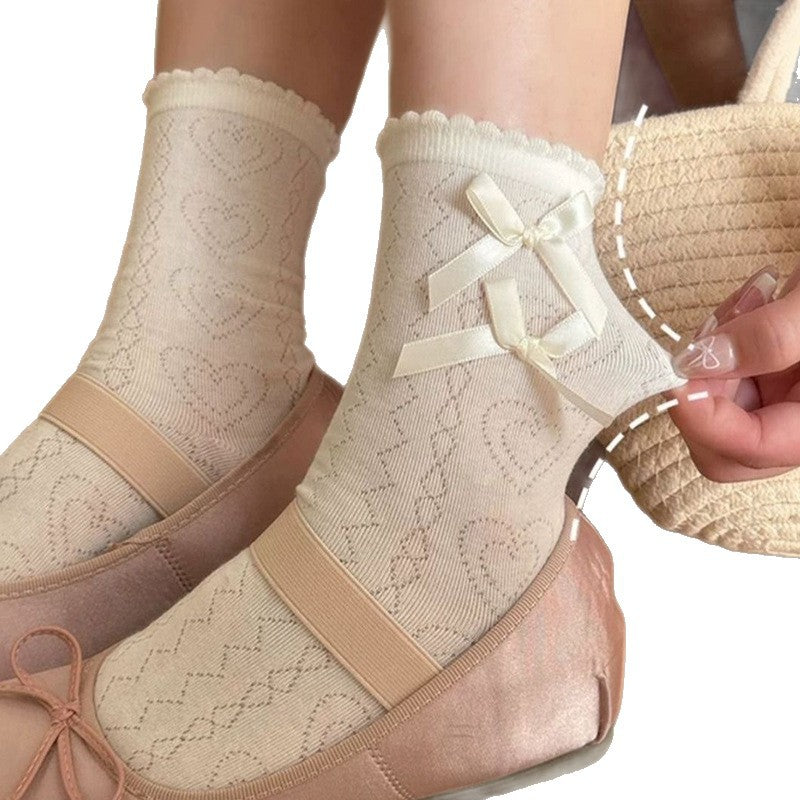 Lace Trim Heart Crew Socks | Bow Lolita Socks for Women
