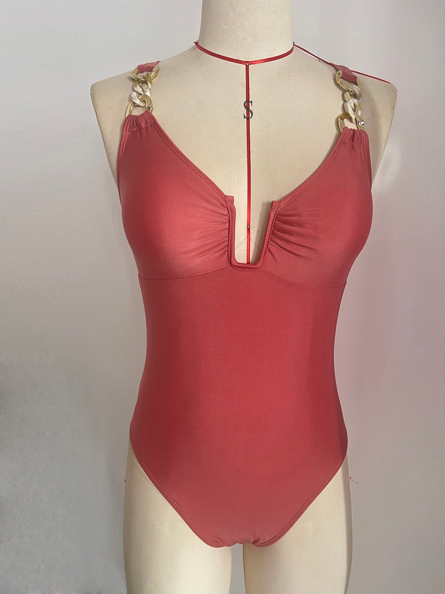 Solid Keyhole V-Neck One-Piece Swimsuit | Sexy Women's Beach Swimwear