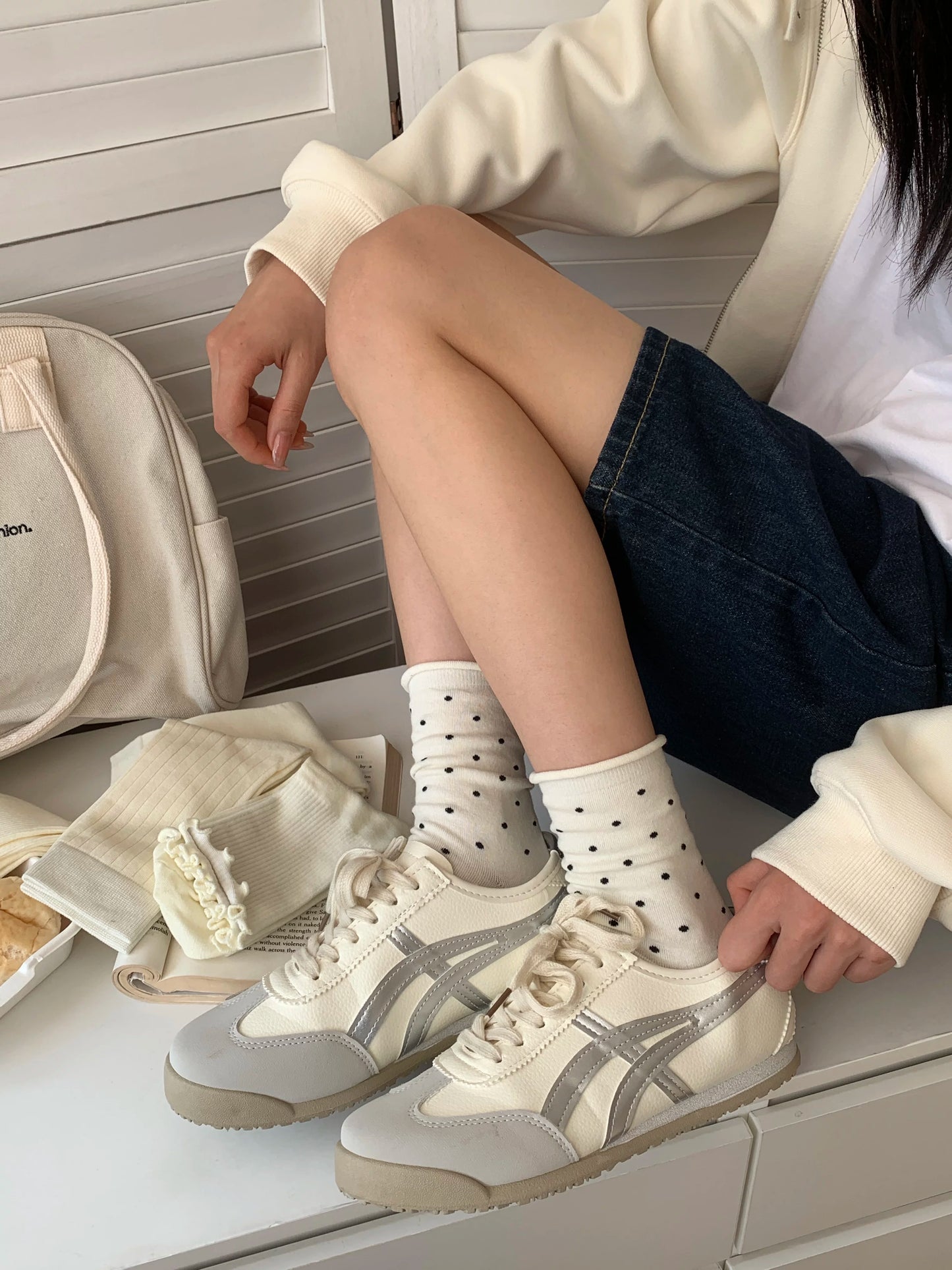 Cream Crew Socks for Women | Cotton Mid-Calf Casual Socks