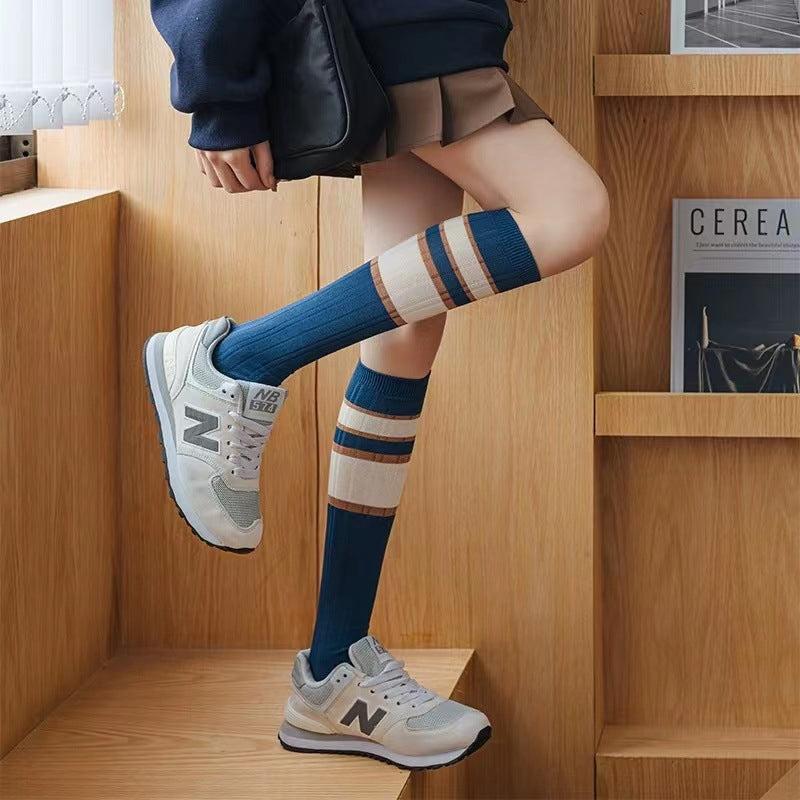 Blue Striped Calf High Socks | Preppy JK Style Women's Socks