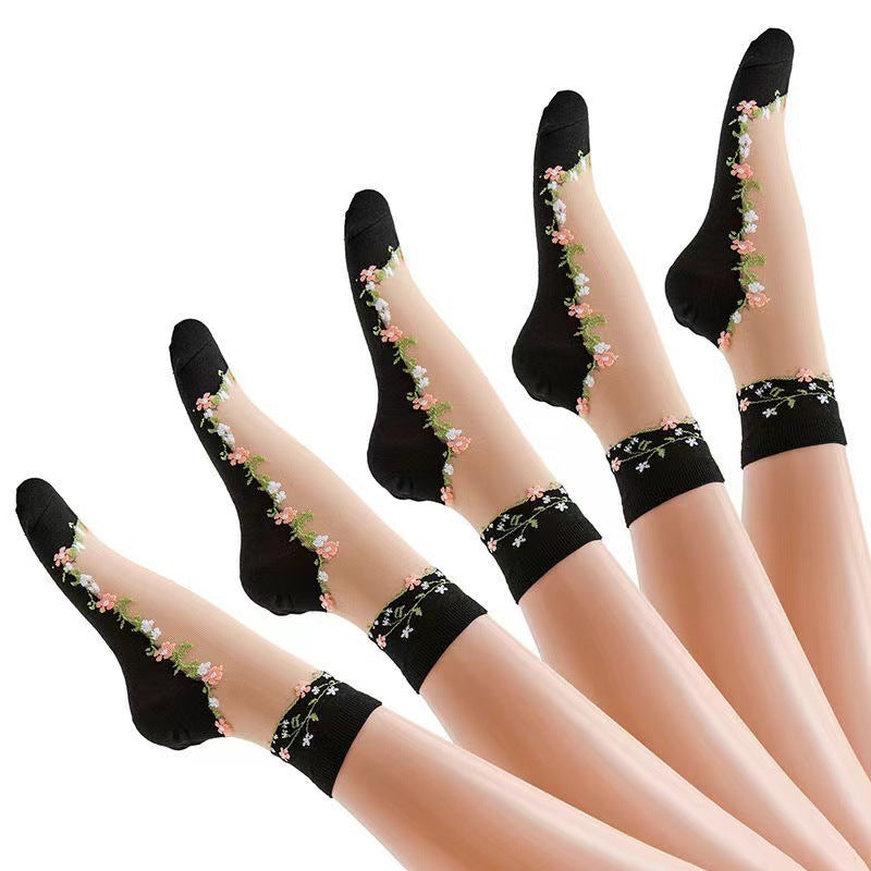 Floral Sheer Crew Socks for Women | Breathable Cotton Sole Summer Socks