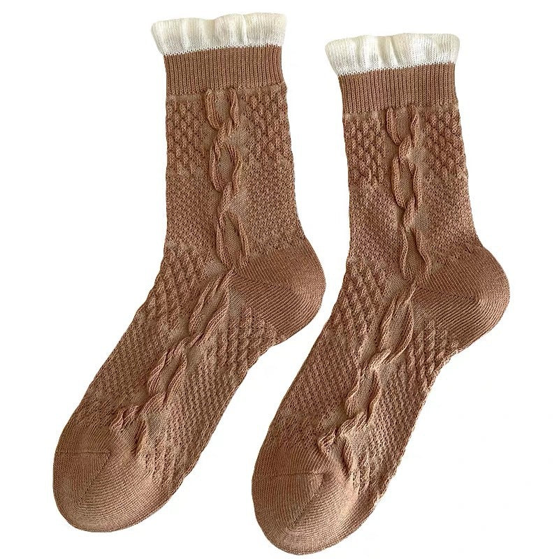 Cable Knit Crew Socks for Women | Breathable Ruffle Trim Cozy Socks