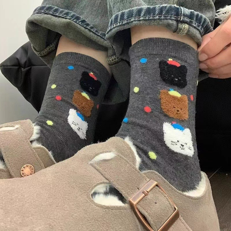 Cute Cotton Polka Dot Bear Crew Socks for Women