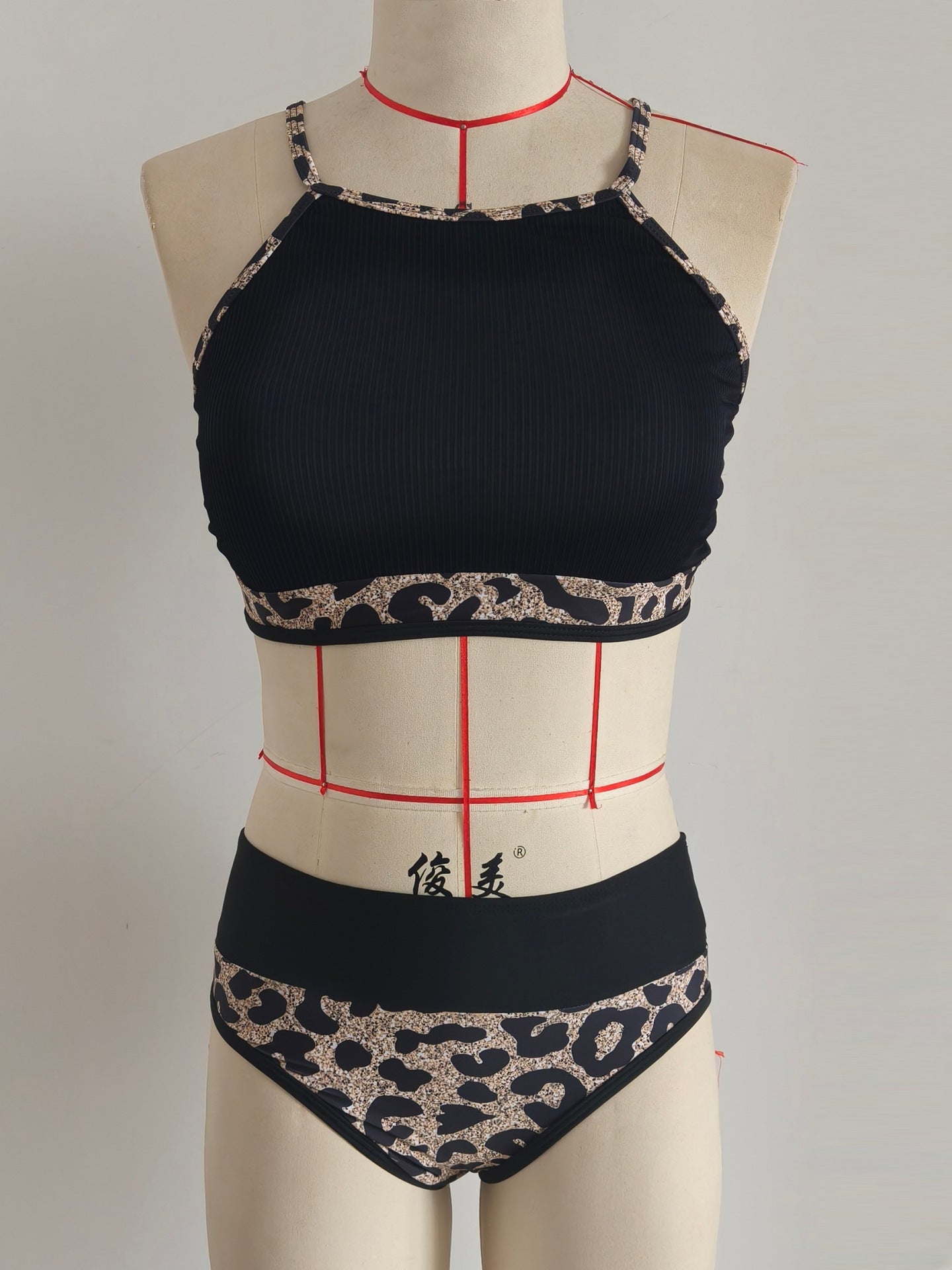 High Waisted Leopard Panel Black Bikini Set | Women's Swimwear